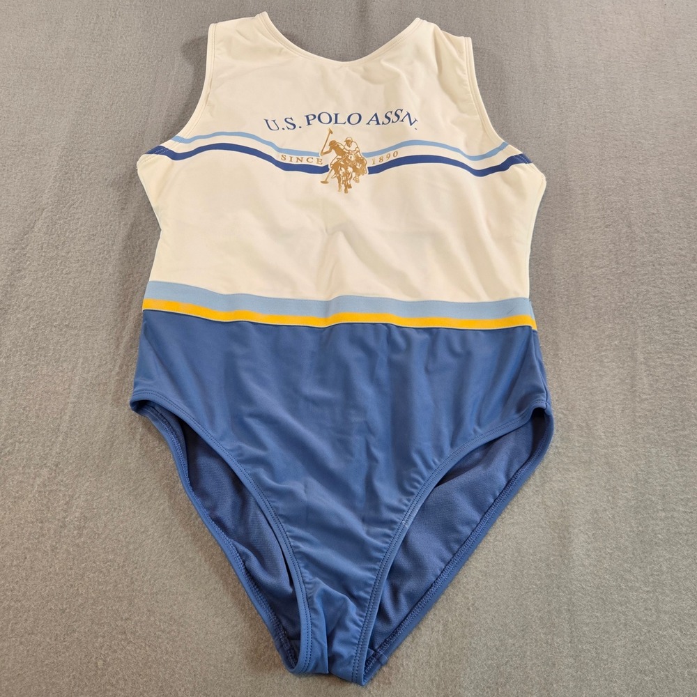 U.S. Polo Assn Swimsuit Women 11-13 White Blue Colorblock High Neck Cutout Back